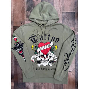 Ed Hardy Men’s Olive Green Hoodie Tattoo Love Kills Slowy Graphic Size M Medium